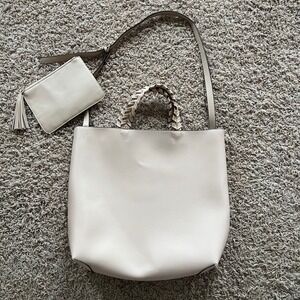 Jules Kae Cream Vegan Leather Tote Bag with Braided Handles and Pouch Set
